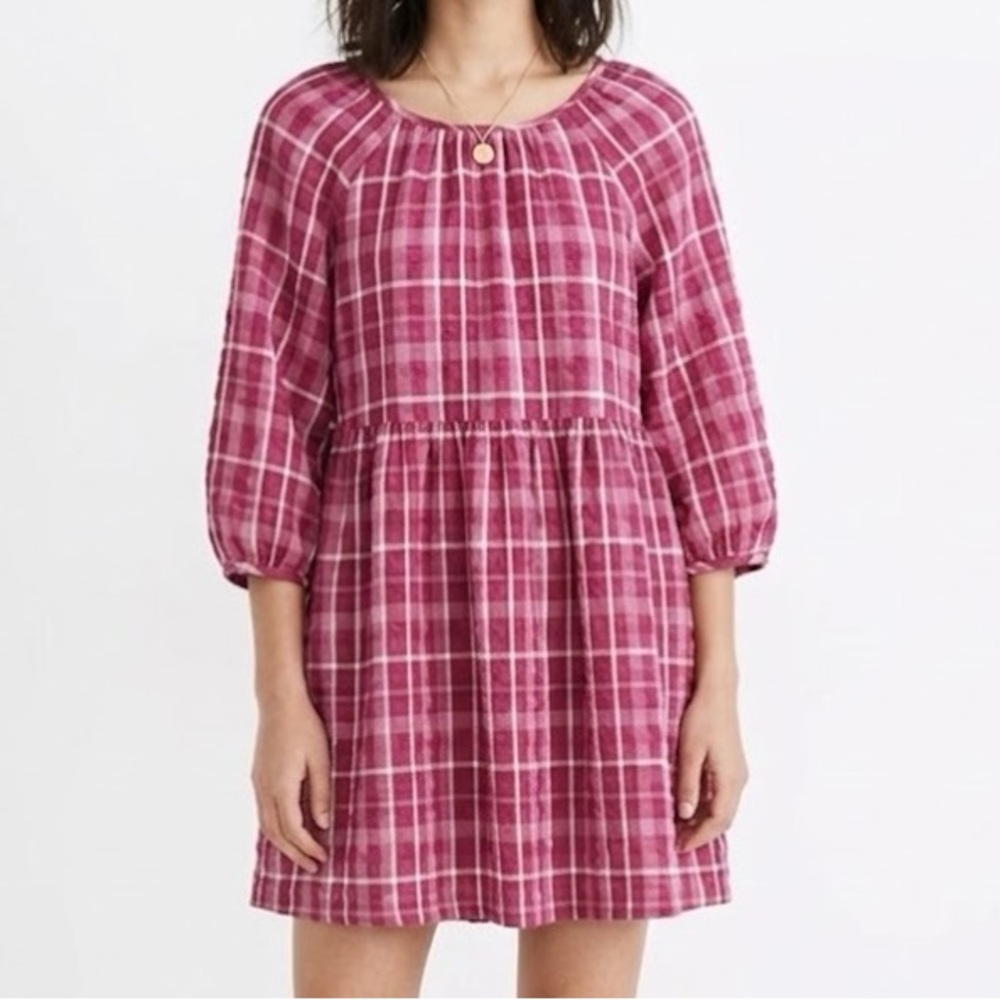 Madewell Pink Plaid Shirred Babydoll Mini Dress XXS